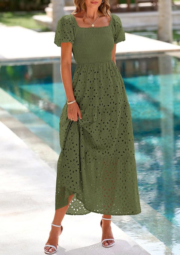 PRETTYGARDEN Summer Dresses for Women 2025 Eyelet Square Neck Puff Sleeve Smocked Wedding Guest Maxi Dress with Pockets - Image 31