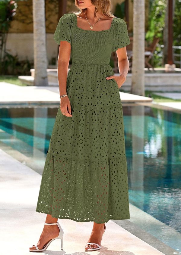 PRETTYGARDEN Summer Dresses for Women 2025 Eyelet Square Neck Puff Sleeve Smocked Wedding Guest Maxi Dress with Pockets - Image 32