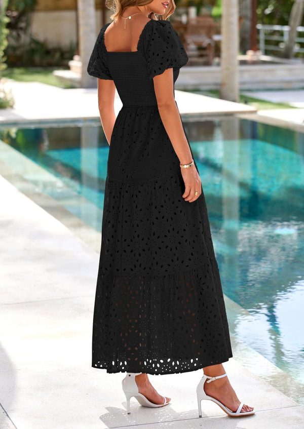 PRETTYGARDEN Summer Dresses for Women 2025 Eyelet Square Neck Puff Sleeve Smocked Wedding Guest Maxi Dress with Pockets - Image 34