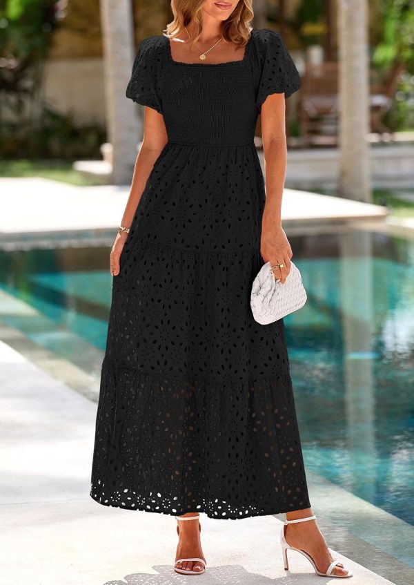 PRETTYGARDEN Summer Dresses for Women 2025 Eyelet Square Neck Puff Sleeve Smocked Wedding Guest Maxi Dress with Pockets - Image 35