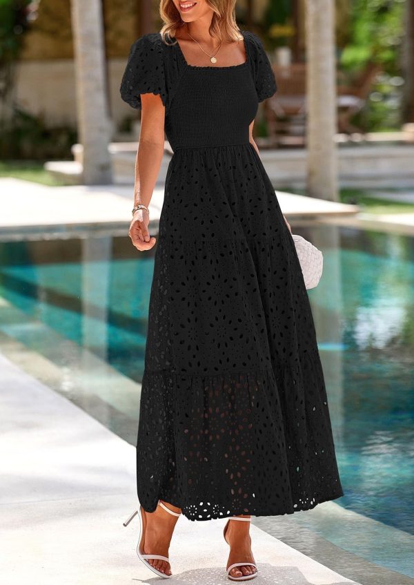 PRETTYGARDEN Summer Dresses for Women 2025 Eyelet Square Neck Puff Sleeve Smocked Wedding Guest Maxi Dress with Pockets - Image 36