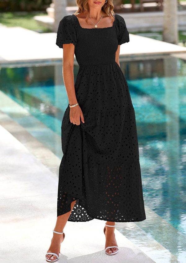 PRETTYGARDEN Summer Dresses for Women 2025 Eyelet Square Neck Puff Sleeve Smocked Wedding Guest Maxi Dress with Pockets - Image 39
