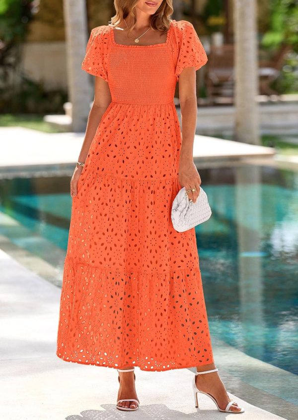 PRETTYGARDEN Summer Dresses for Women 2025 Eyelet Square Neck Puff Sleeve Smocked Wedding Guest Maxi Dress with Pockets - Image 43