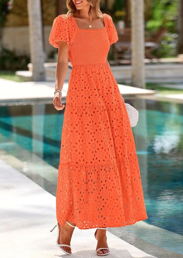 PRETTYGARDEN Summer Dresses for Women 2025 Eyelet Square Neck Puff Sleeve Smocked Wedding Guest Maxi Dress with Pockets - Image 44