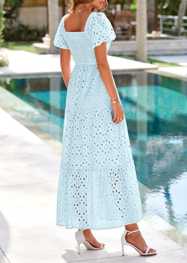 PRETTYGARDEN Summer Dresses for Women 2025 Eyelet Square Neck Puff Sleeve Smocked Wedding Guest Maxi Dress with Pockets - Image 50