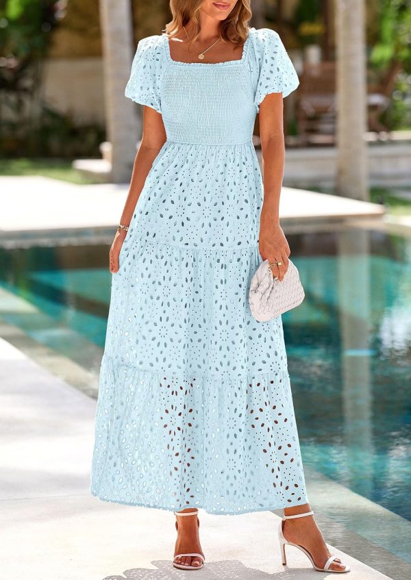 PRETTYGARDEN Summer Dresses for Women 2025 Eyelet Square Neck Puff Sleeve Smocked Wedding Guest Maxi Dress with Pockets - Image 51