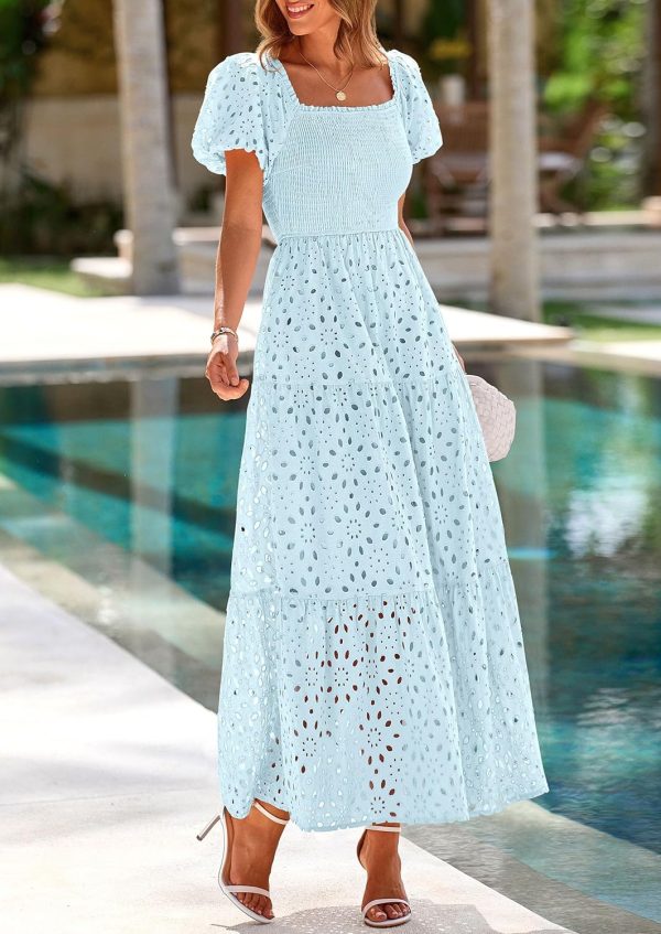 PRETTYGARDEN Summer Dresses for Women 2025 Eyelet Square Neck Puff Sleeve Smocked Wedding Guest Maxi Dress with Pockets - Image 52