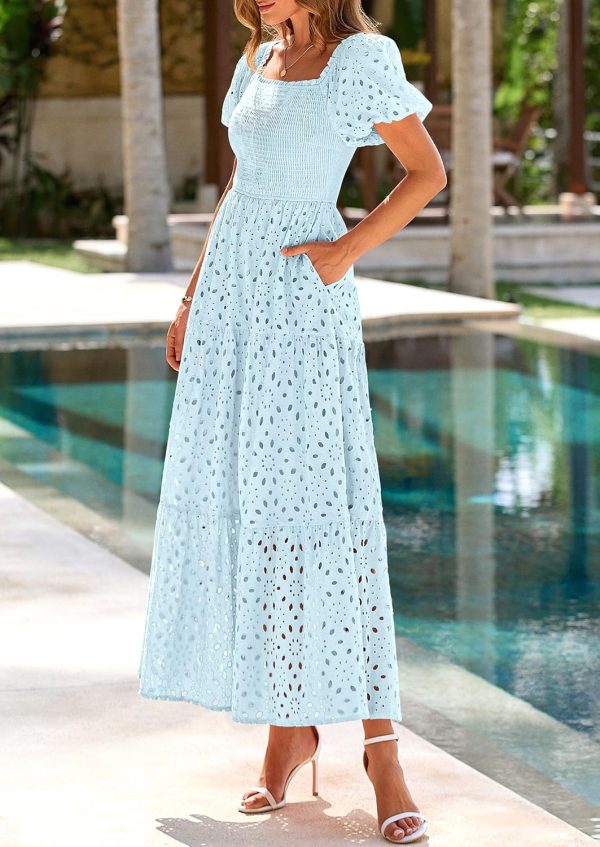 PRETTYGARDEN Summer Dresses for Women 2025 Eyelet Square Neck Puff Sleeve Smocked Wedding Guest Maxi Dress with Pockets - Image 54