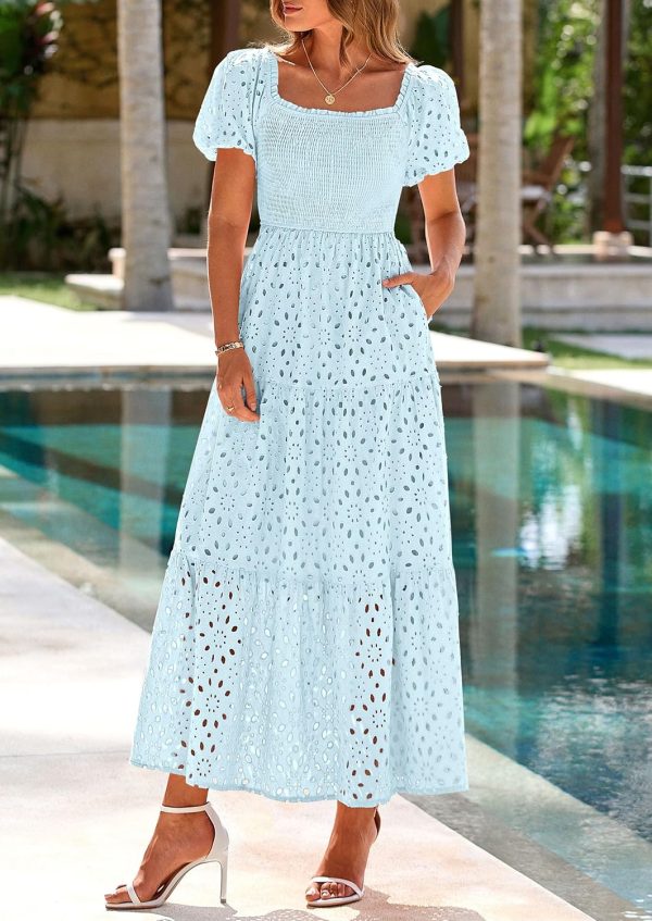 PRETTYGARDEN Summer Dresses for Women 2025 Eyelet Square Neck Puff Sleeve Smocked Wedding Guest Maxi Dress with Pockets - Image 56