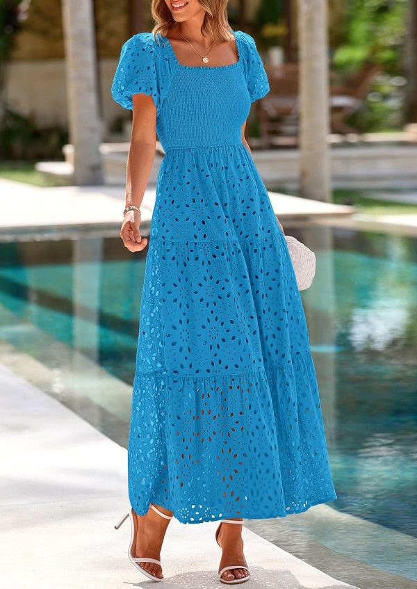 PRETTYGARDEN Summer Dresses for Women 2025 Eyelet Square Neck Puff Sleeve Smocked Wedding Guest Maxi Dress with Pockets - Image 60