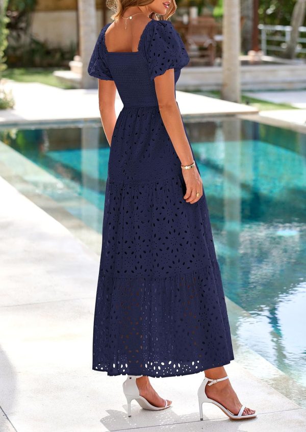 PRETTYGARDEN Summer Dresses for Women 2025 Eyelet Square Neck Puff Sleeve Smocked Wedding Guest Maxi Dress with Pockets - Image 66