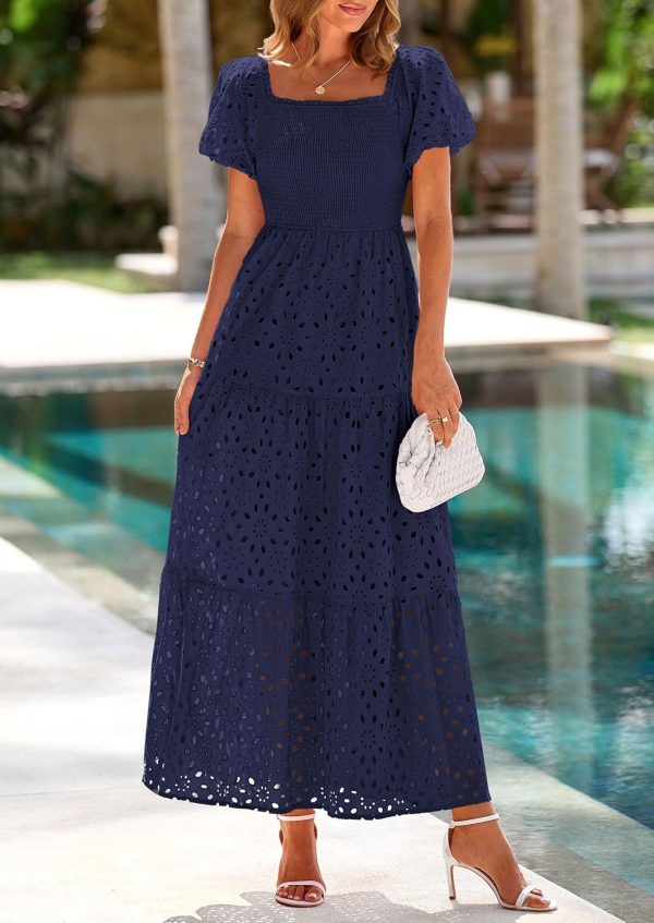 PRETTYGARDEN Summer Dresses for Women 2025 Eyelet Square Neck Puff Sleeve Smocked Wedding Guest Maxi Dress with Pockets - Image 67