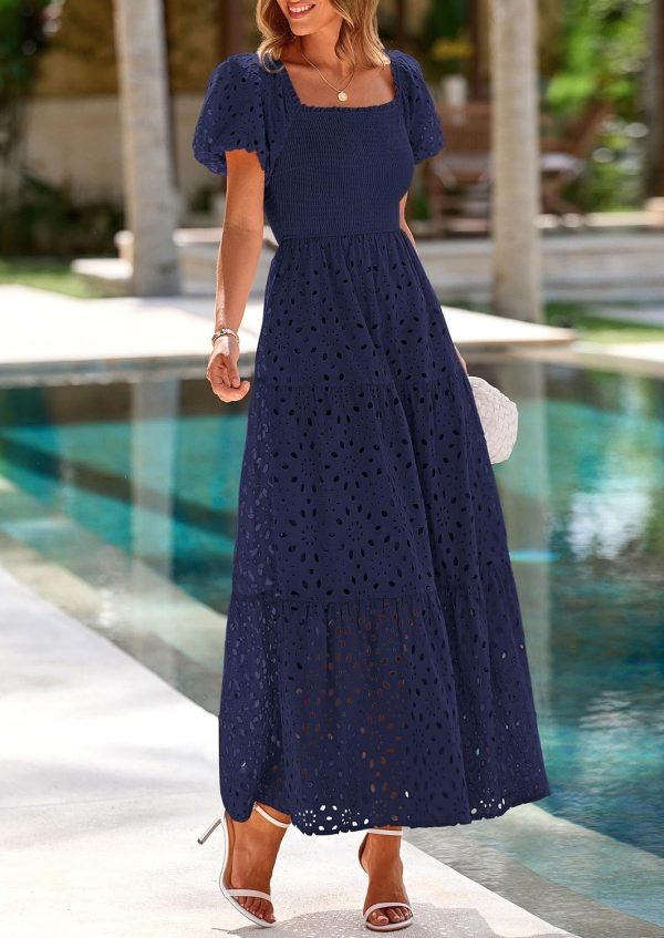 PRETTYGARDEN Summer Dresses for Women 2025 Eyelet Square Neck Puff Sleeve Smocked Wedding Guest Maxi Dress with Pockets - Image 68
