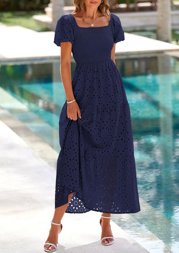 PRETTYGARDEN Summer Dresses for Women 2025 Eyelet Square Neck Puff Sleeve Smocked Wedding Guest Maxi Dress with Pockets - Image 71