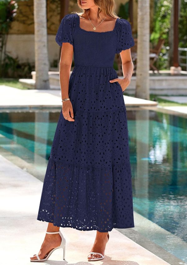 PRETTYGARDEN Summer Dresses for Women 2025 Eyelet Square Neck Puff Sleeve Smocked Wedding Guest Maxi Dress with Pockets - Image 72
