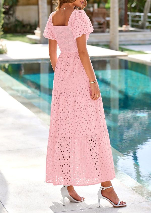 PRETTYGARDEN Summer Dresses for Women 2025 Eyelet Square Neck Puff Sleeve Smocked Wedding Guest Maxi Dress with Pockets - Image 74