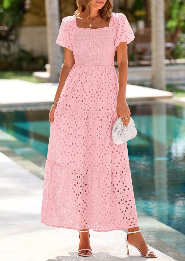 PRETTYGARDEN Summer Dresses for Women 2025 Eyelet Square Neck Puff Sleeve Smocked Wedding Guest Maxi Dress with Pockets - Image 75