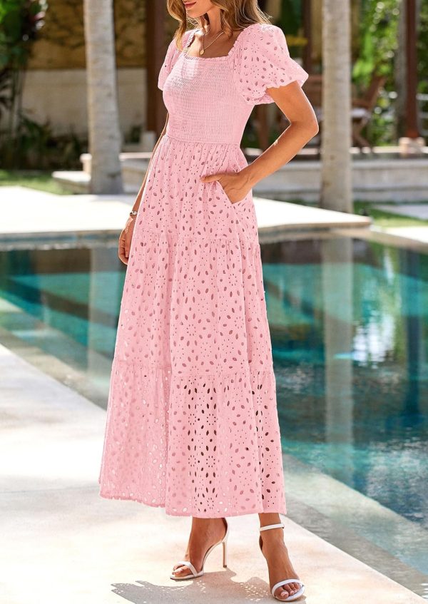 PRETTYGARDEN Summer Dresses for Women 2025 Eyelet Square Neck Puff Sleeve Smocked Wedding Guest Maxi Dress with Pockets - Image 78