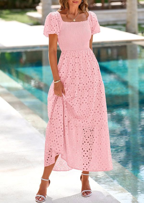 PRETTYGARDEN Summer Dresses for Women 2025 Eyelet Square Neck Puff Sleeve Smocked Wedding Guest Maxi Dress with Pockets - Image 79