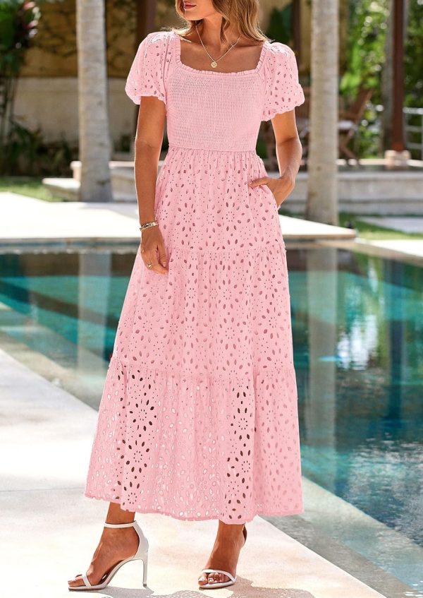 PRETTYGARDEN Summer Dresses for Women 2025 Eyelet Square Neck Puff Sleeve Smocked Wedding Guest Maxi Dress with Pockets - Image 80