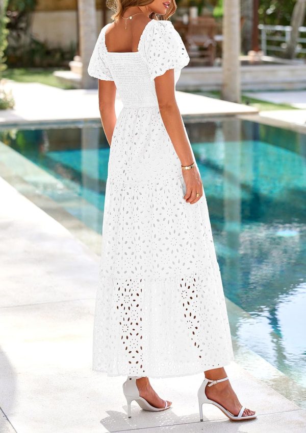 PRETTYGARDEN Summer Dresses for Women 2025 Eyelet Square Neck Puff Sleeve Smocked Wedding Guest Maxi Dress with Pockets - Image 82