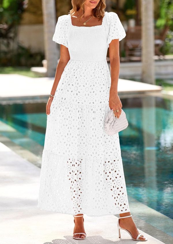 PRETTYGARDEN Summer Dresses for Women 2025 Eyelet Square Neck Puff Sleeve Smocked Wedding Guest Maxi Dress with Pockets - Image 83