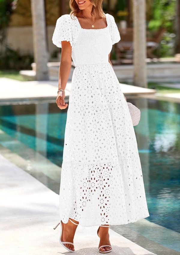 PRETTYGARDEN Summer Dresses for Women 2025 Eyelet Square Neck Puff Sleeve Smocked Wedding Guest Maxi Dress with Pockets - Image 84