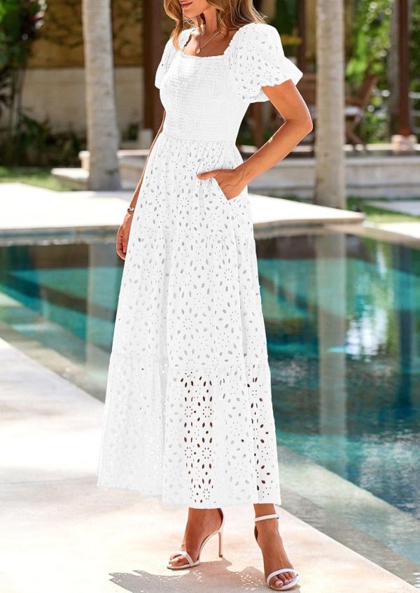 PRETTYGARDEN Summer Dresses for Women 2025 Eyelet Square Neck Puff Sleeve Smocked Wedding Guest Maxi Dress with Pockets - Image 86
