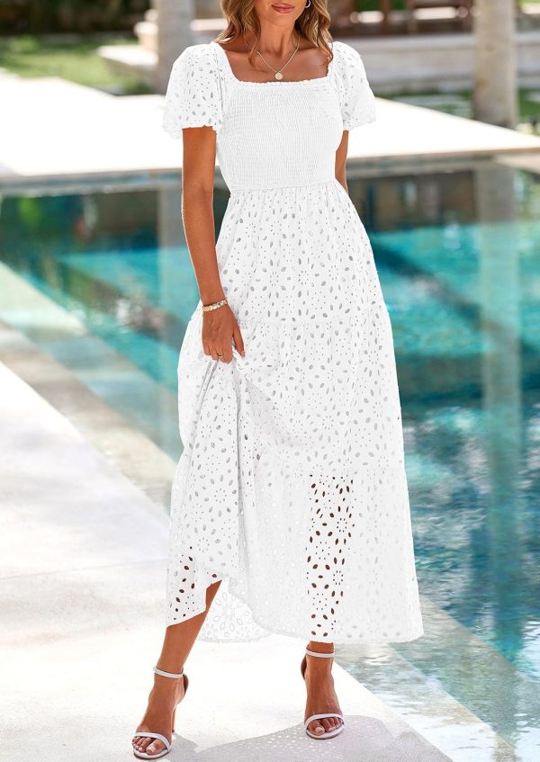 PRETTYGARDEN Summer Dresses for Women 2025 Eyelet Square Neck Puff Sleeve Smocked Wedding Guest Maxi Dress with Pockets - Image 87