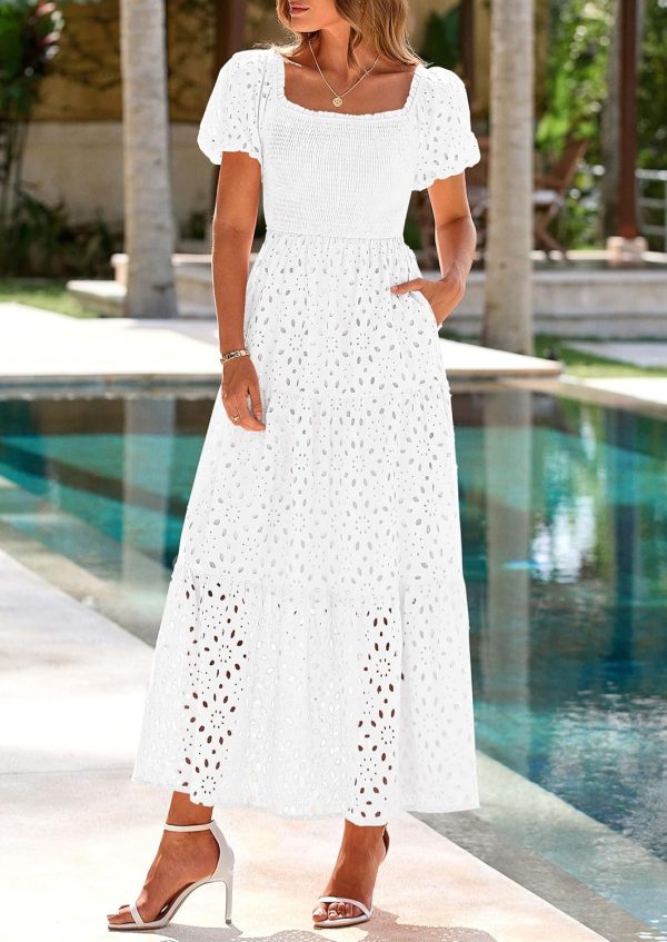 PRETTYGARDEN Summer Dresses for Women 2025 Eyelet Square Neck Puff Sleeve Smocked Wedding Guest Maxi Dress with Pockets - Image 88