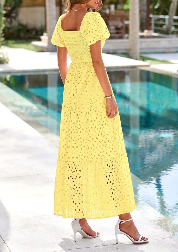 PRETTYGARDEN Summer Dresses for Women 2025 Eyelet Square Neck Puff Sleeve Smocked Wedding Guest Maxi Dress with Pockets - Image 90