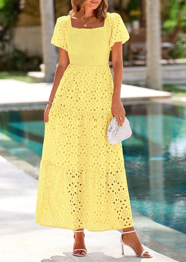 PRETTYGARDEN Summer Dresses for Women 2025 Eyelet Square Neck Puff Sleeve Smocked Wedding Guest Maxi Dress with Pockets - Image 91