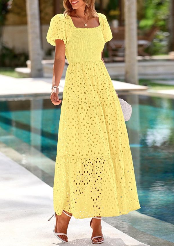 PRETTYGARDEN Summer Dresses for Women 2025 Eyelet Square Neck Puff Sleeve Smocked Wedding Guest Maxi Dress with Pockets - Image 92