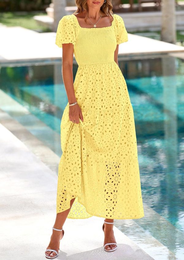 PRETTYGARDEN Summer Dresses for Women 2025 Eyelet Square Neck Puff Sleeve Smocked Wedding Guest Maxi Dress with Pockets - Image 95