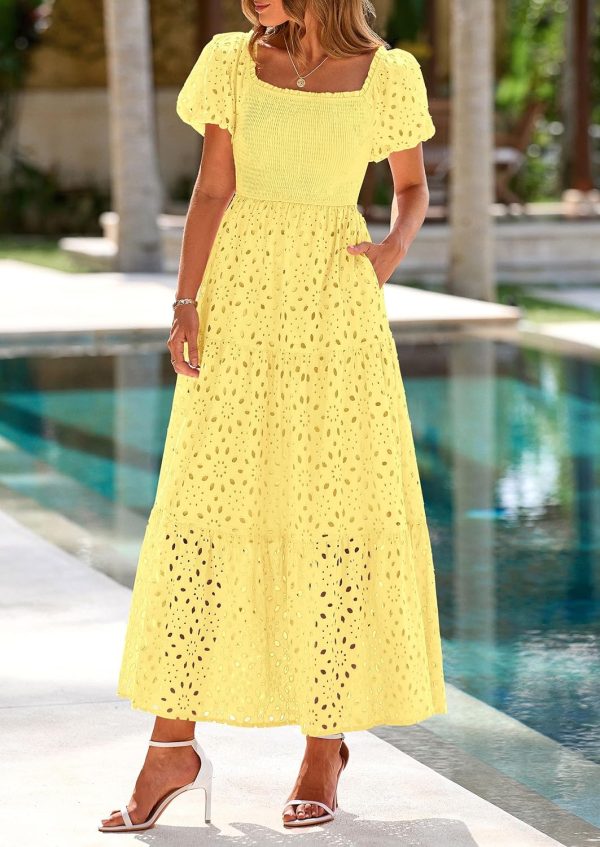 PRETTYGARDEN Summer Dresses for Women 2025 Eyelet Square Neck Puff Sleeve Smocked Wedding Guest Maxi Dress with Pockets - Image 96