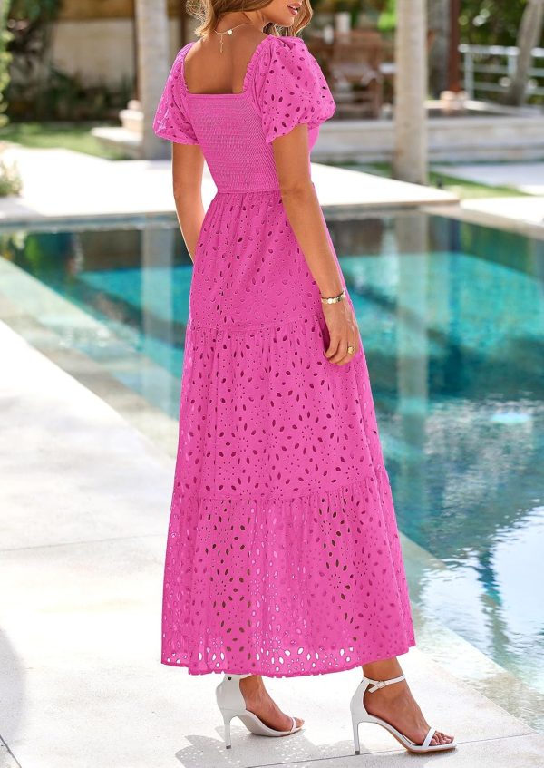 PRETTYGARDEN Summer Dresses for Women 2025 Eyelet Square Neck Puff Sleeve Smocked Wedding Guest Maxi Dress with Pockets - Image 98