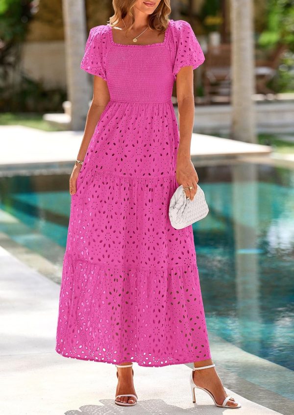 PRETTYGARDEN Summer Dresses for Women 2025 Eyelet Square Neck Puff Sleeve Smocked Wedding Guest Maxi Dress with Pockets - Image 99