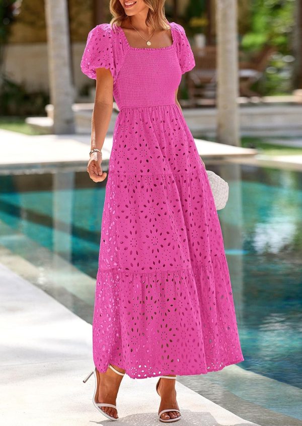PRETTYGARDEN Summer Dresses for Women 2025 Eyelet Square Neck Puff Sleeve Smocked Wedding Guest Maxi Dress with Pockets - Image 100