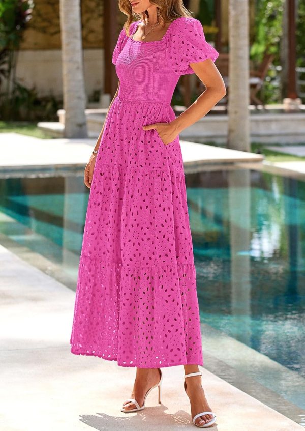PRETTYGARDEN Summer Dresses for Women 2025 Eyelet Square Neck Puff Sleeve Smocked Wedding Guest Maxi Dress with Pockets - Image 102