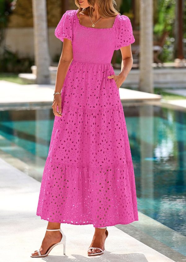 PRETTYGARDEN Summer Dresses for Women 2025 Eyelet Square Neck Puff Sleeve Smocked Wedding Guest Maxi Dress with Pockets - Image 104