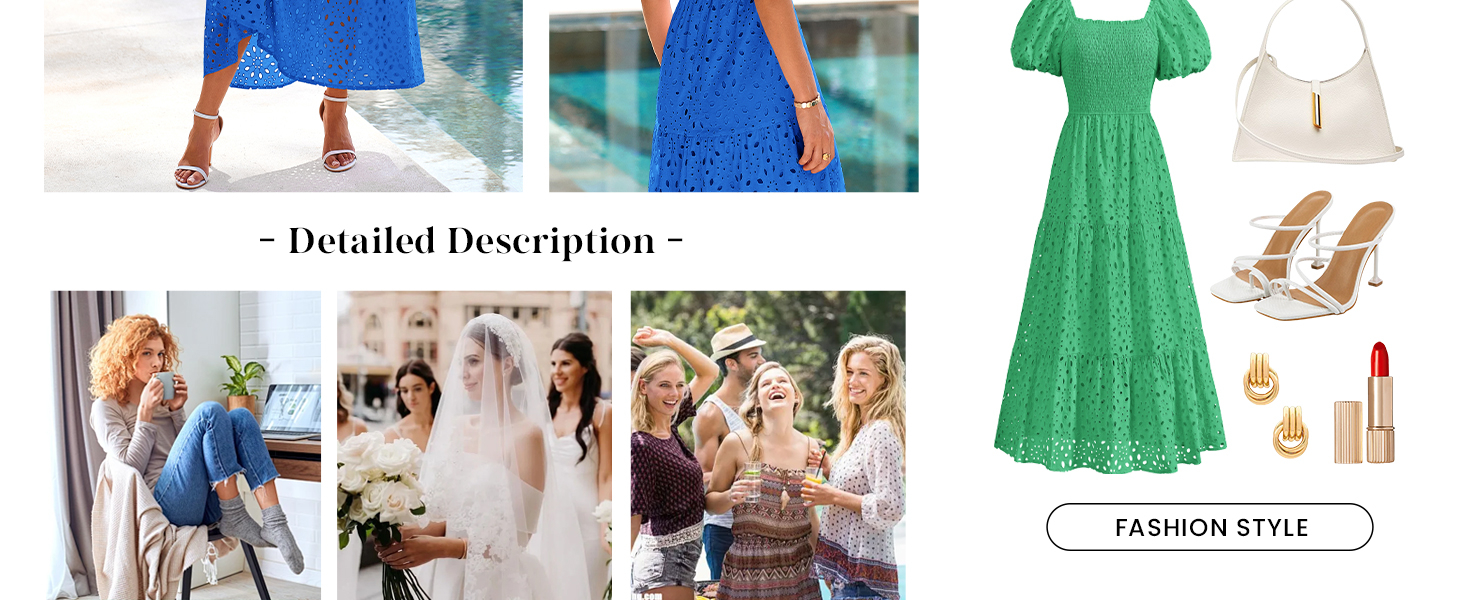 PRETTYGARDEN Smocked Dress Women Eyelet Maxi Dresses