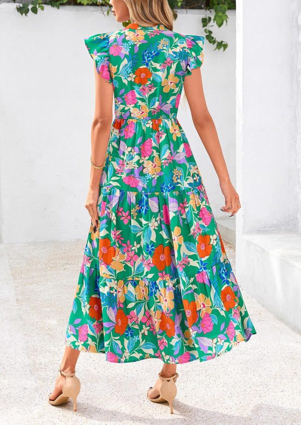 PRETTYGARDEN Women's 2025 Summer Floral Midi Dress Cap Sleeve V Neck Ruffle Long Flowy Boho Casual Beach Vacation Dresses - Image 2