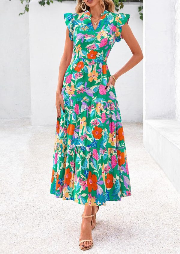 PRETTYGARDEN Women's 2025 Summer Floral Midi Dress Cap Sleeve V Neck Ruffle Long Flowy Boho Casual Beach Vacation Dresses - Image 3