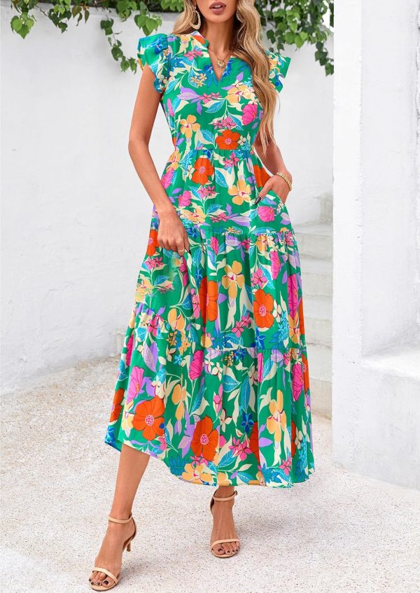 PRETTYGARDEN Women's 2025 Summer Floral Midi Dress Cap Sleeve V Neck Ruffle Long Flowy Boho Casual Beach Vacation Dresses - Image 4