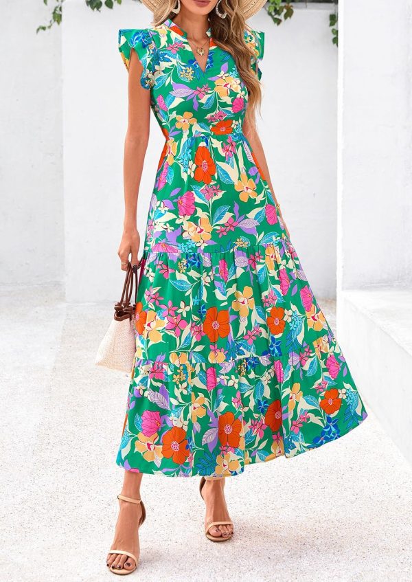 PRETTYGARDEN Women's 2025 Summer Floral Midi Dress Cap Sleeve V Neck Ruffle Long Flowy Boho Casual Beach Vacation Dresses - Image 5