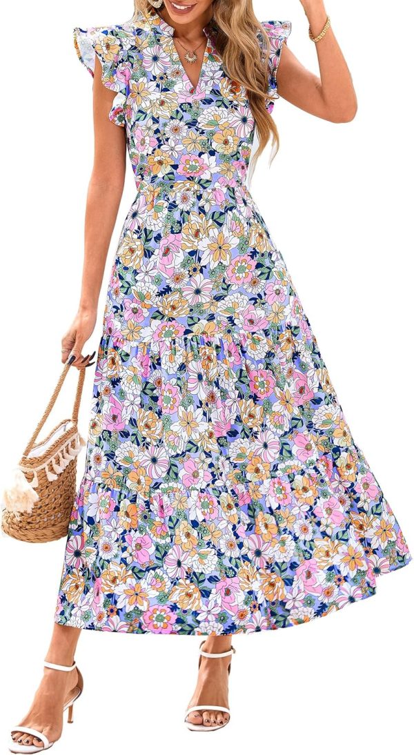 PRETTYGARDEN Women's 2025 Summer Floral Midi Dress Cap Sleeve V Neck Ruffle Long Flowy Boho Casual Beach Vacation Dresses - Image 6