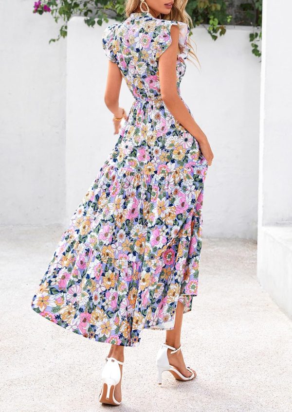 PRETTYGARDEN Women's 2025 Summer Floral Midi Dress Cap Sleeve V Neck Ruffle Long Flowy Boho Casual Beach Vacation Dresses - Image 7