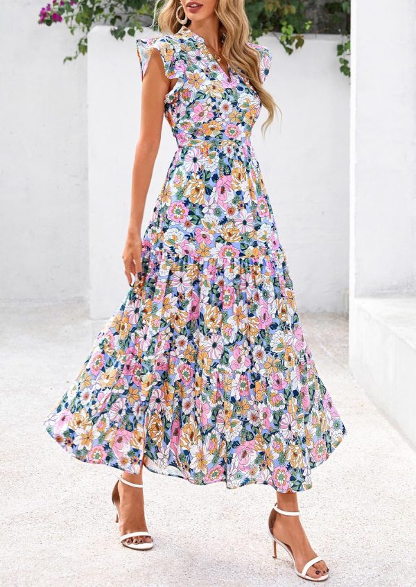 PRETTYGARDEN Women's 2025 Summer Floral Midi Dress Cap Sleeve V Neck Ruffle Long Flowy Boho Casual Beach Vacation Dresses - Image 9