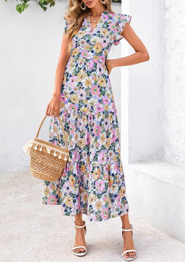 PRETTYGARDEN Women's 2025 Summer Floral Midi Dress Cap Sleeve V Neck Ruffle Long Flowy Boho Casual Beach Vacation Dresses - Image 11