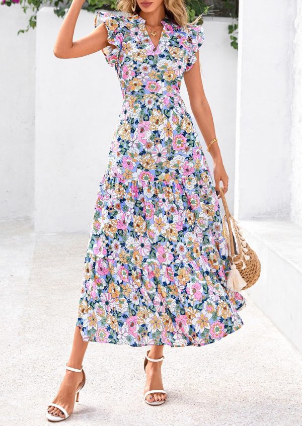 PRETTYGARDEN Women's 2025 Summer Floral Midi Dress Cap Sleeve V Neck Ruffle Long Flowy Boho Casual Beach Vacation Dresses - Image 12